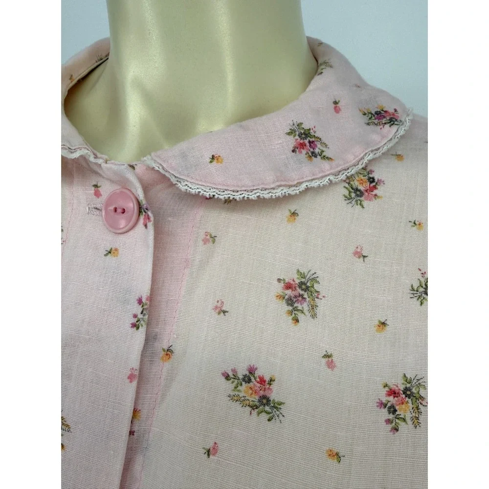 Vintage 1950s‎ Handmade Pink Floral Cotton Puff Sleeve House Robe Semi Sheer